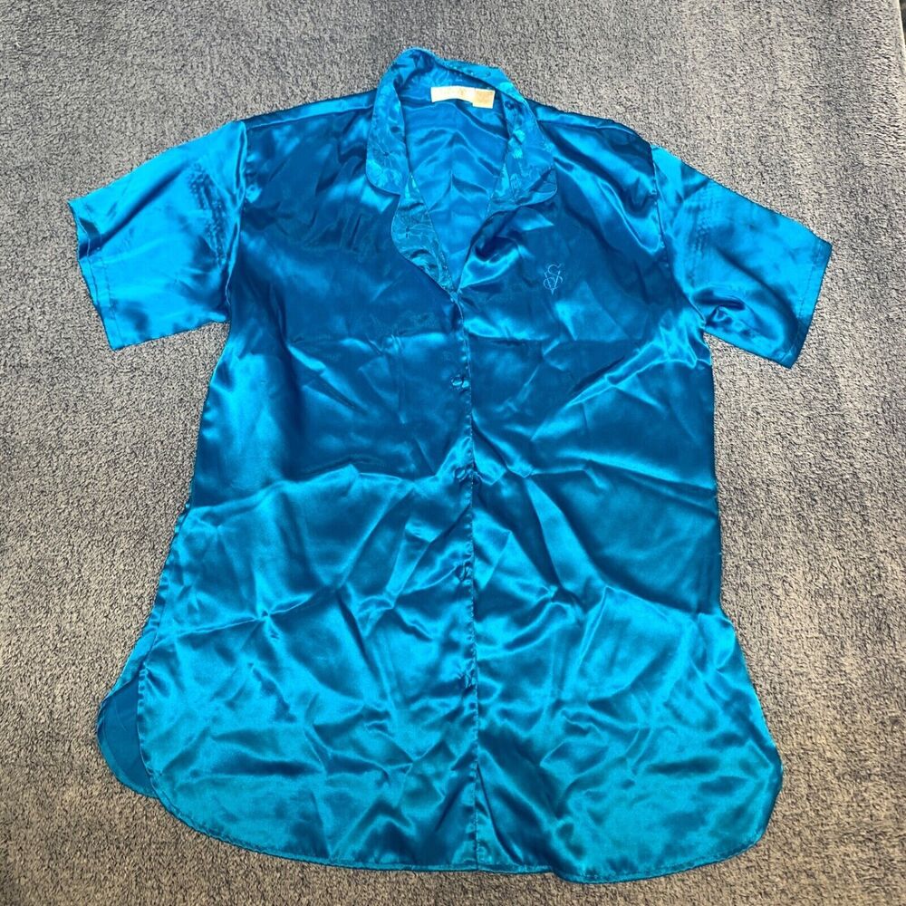 VTG Victorias Secret Gold Label Shirt Women Large Blue Satin Buttons Sleeper Y2K